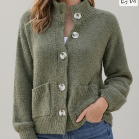 Pink Rose Sweaters - Pink Rose Olive Green Chunky Knit Button Front Cardigan Size XS